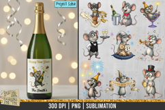 Cute New Year mouse clipart character celebrating with festive elements like fireworks, champagne, balloons, clocks, and party accessories.