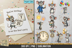 Cute New Year mouse clipart character celebrating with festive elements like fireworks, champagne, balloons, clocks, and party accessories.