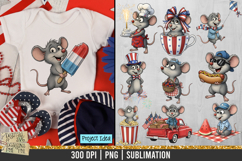 Cute patriotic mouse illustration wearing red, white, and blue clothing, holding festive 4th of July items such as flags, fireworks, food, or decorations. High-quality 300dpi PNG for sublimation.