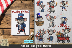 Cute patriotic mouse illustration wearing red, white, and blue clothing, holding festive 4th of July items such as flags, fireworks, food, or decorations. High-quality 300dpi PNG for sublimation.