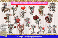 Cute Valentine’s Day mouse clipart bundle featuring 16 romantic PNG designs including roses, hearts, gifts, cupid mouse, balloons, and sweet couple scenes. High-resolution digital illustrations on a light wood background.