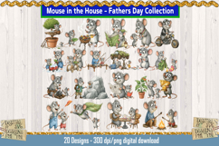 Father’s Day Mouse in the House clipart featuring mice fishing, grilling, working, and celebrating dads in fun themed illustrations.