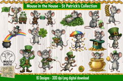 Cute St. Patrick’s Day mouse clipart bundle featuring 16 festive illustrations, including leprechaun mice, shamrocks, rainbows, pots of gold, beer mugs, and lucky symbols. High-resolution PNG designs displayed on a wooden background.