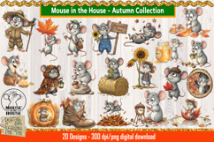 Mouse in the House Autumn Collection preview featuring 20 cute fall mouse clipart illustrations with pumpkins, leaves, sunflowers, honey jars, and cozy autumn scenes.