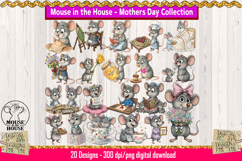Mother’s Day Mouse in the House clipart set with adorable mice cooking, relaxing, with flowers, gifts, and sweet family scenes