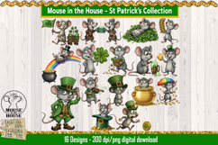 St Patricks Day mouse clipart set showing adorable mice dressed as leprechauns, dancing, holding shamrocks, rainbows, gold coins, beer mugs, and pots of gold.
