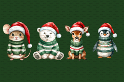 Christmas animals watercolor clipart set with deer, polar bear, penguin, and mouse in Santa hats