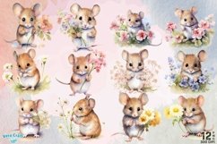 Mouse And Flowers Watercolor Clipart - 12 Variations Product Image 5