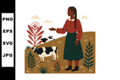 Young Girl Feeding Cow on Pasture with Plants and Hills Illu Product Image 1
