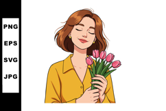 Woman Holding Pink Tulips Wearing Yellow Shirt Smiling Calml Product Image 1