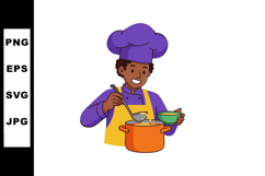 Chef cooking soup in orange pot wearing purple uniform and y Product Image 1