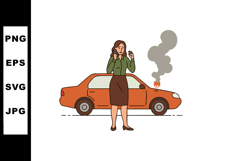 Woman Calling for Help Near Car with Smoke Coming from Engin Product Image 1