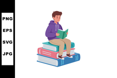Boy reading book sitting on colorful stack of large books ve Product Image 1
