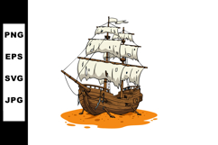 Old wooden sailing ship with white sails on orange water vec Product Image 1