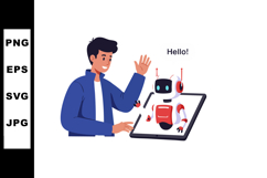 Young man waving hand to friendly robot greeting on digital Product Image 1