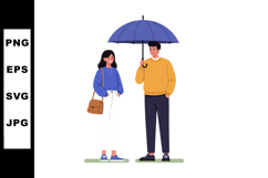 Couple standing under blue umbrella with casual autumn cloth Product Image 1