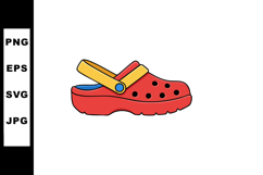 Red casual clog shoe with yellow strap and blue interior vec Product Image 1