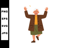 Elderly woman dancing happily in brown coat and green skirt Product Image 1
