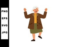 Elderly woman dancing joyfully in brown coat and green skirt Product Image 1
