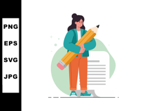 Woman holding large pencil with document background creative Product Image 1