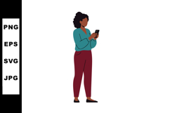 Woman with curly hair using smartphone in casual outfit blue Product Image 1