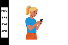 Young woman using smartphone with blue shirt and orange pant Product Image 1