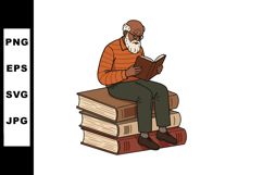 Elderly man reading book sitting on stack of large books vec Product Image 1