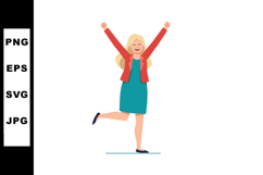 Happy woman celebrating success with raised arms and joyful Product Image 1