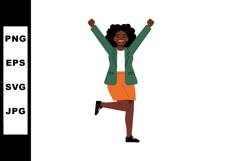 Woman celebrating success with raised fists in green blazer Product Image 1