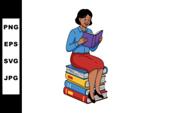 Woman reading book sitting on pile of colorful books vector Product Image 1