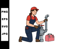 Female plumber working on pipe with toolbox vector illustrat Product Image 1