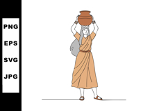 Woman carrying clay pot on head in traditional dress orange Product Image 1