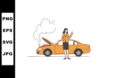 Woman calling for help with broken orange car smoking from e Product Image 1