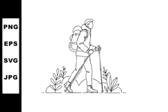 Hiker with Backpack and Poles Walking in Nature Landscape Li Product Image 1