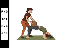 Yoga instructor assisting woman with wheel pose on mat for f Product Image 1