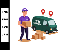 Delivery man carrying package with free shipping van and loc Product Image 1