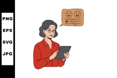 Mature woman using tablet with emotion control interface in Product Image 1