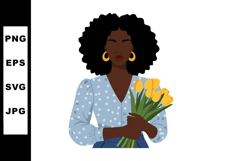 Woman with afro hairstyle holding yellow tulips in blue polk Product Image 1