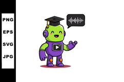 Cute green robot with graduation hat and headphones learning Product Image 1