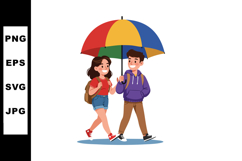 Young couple walking under colorful umbrella holding hands s Product Image 1
