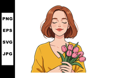 Woman with pink tulips bouquet in yellow top peaceful portra Product Image 1