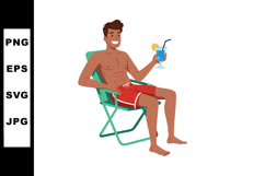 Man relaxing in red swim shorts holding blue cocktail drink Product Image 1