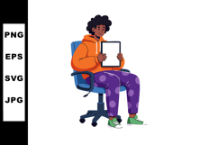 Young person sitting on office chair holding tablet in casua Product Image 1