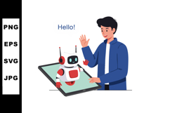 Human waving hand greeting robot emerging from tablet screen Product Image 1