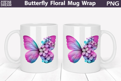 Butterfly Floral Mug Wrap | Spring Flowers Mug Sublimation Product Image 1