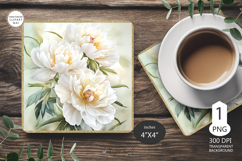 White Pions Mug coaster| Coaster Mug Sublimation |flowers Product Image 1