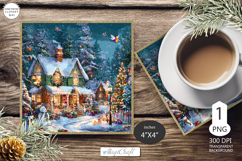 Mug coaster with Christmas village|Christmas coaster winter Product Image 1