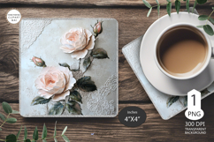 Mug coaster with Rose|Pink Rose Coaster Sublimation png Product Image 1