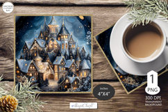 Mug coaster with Christmas village|Christmas coaster winter Product Image 1