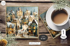 Mug coaster with Christmas village|Christmas coaster winter Product Image 1